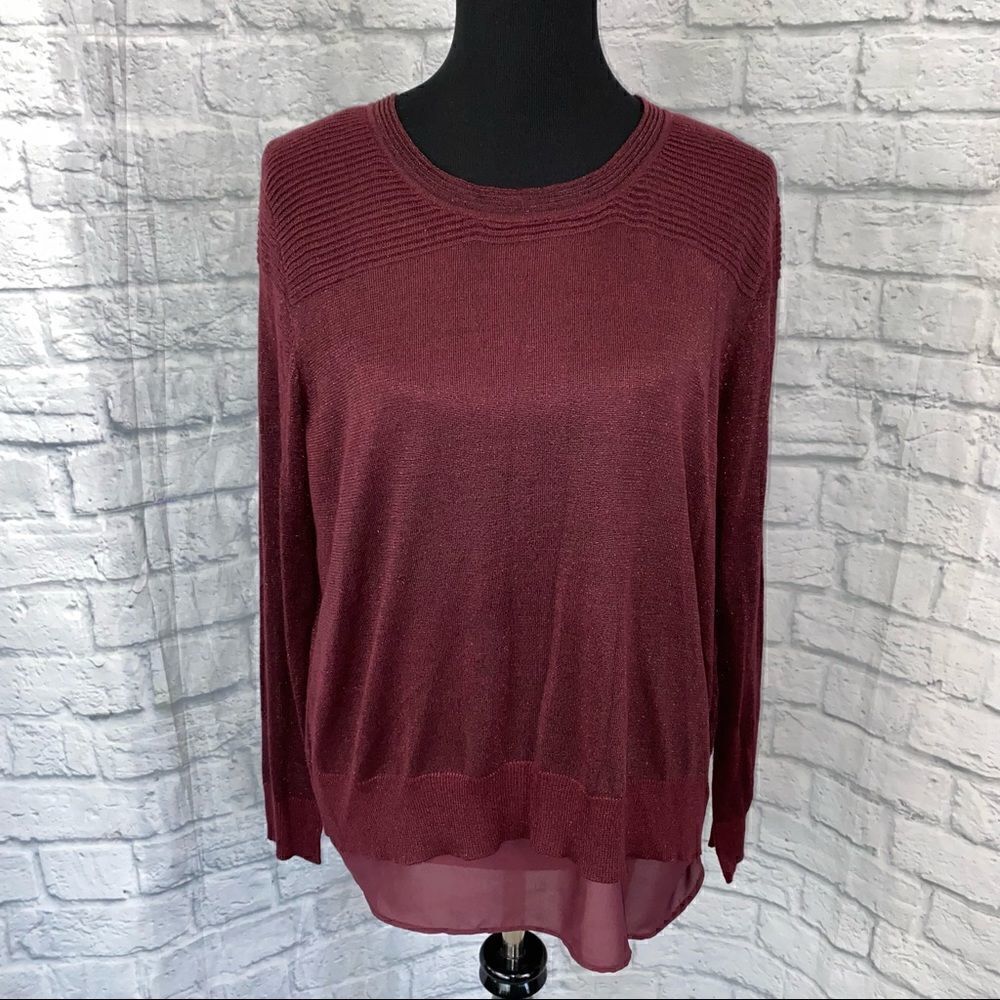 Joseph A crewneck Longsleeve shimmer top w/sheer lining flare back L